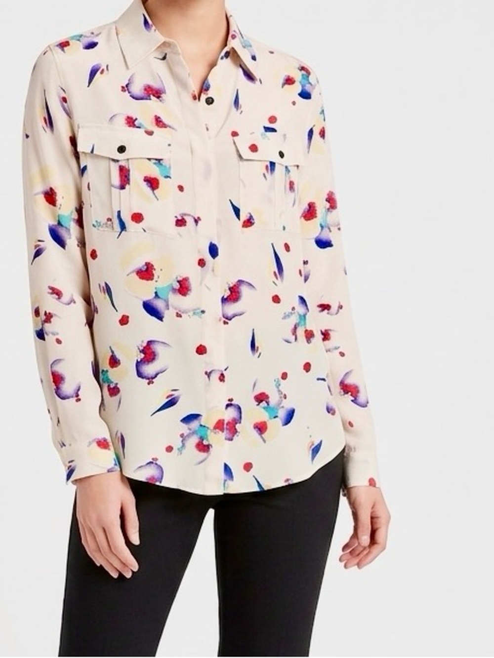 YUMI KIM 100% Silk Ivory Multicolor Floral Blouse Long Roll Tab Sleeves Top